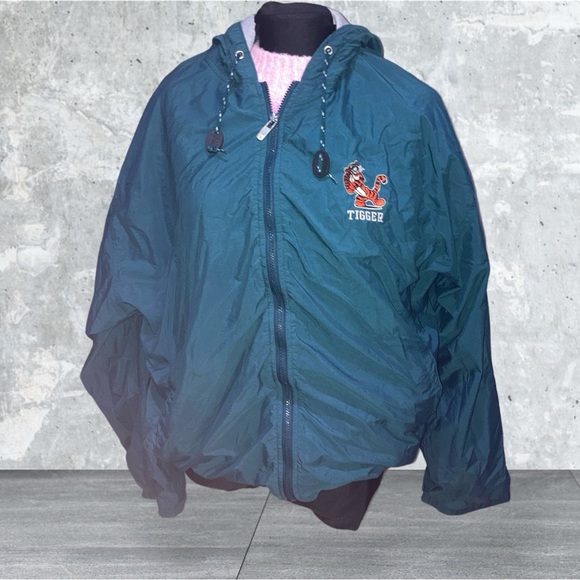 VTG DISNEY STORE XXL Tigger Green Lined Windbreaker Full Zip Hoodie Jacket - Picture 1 of 10